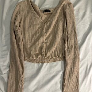 Ribbed Beige Button-Up Blouse